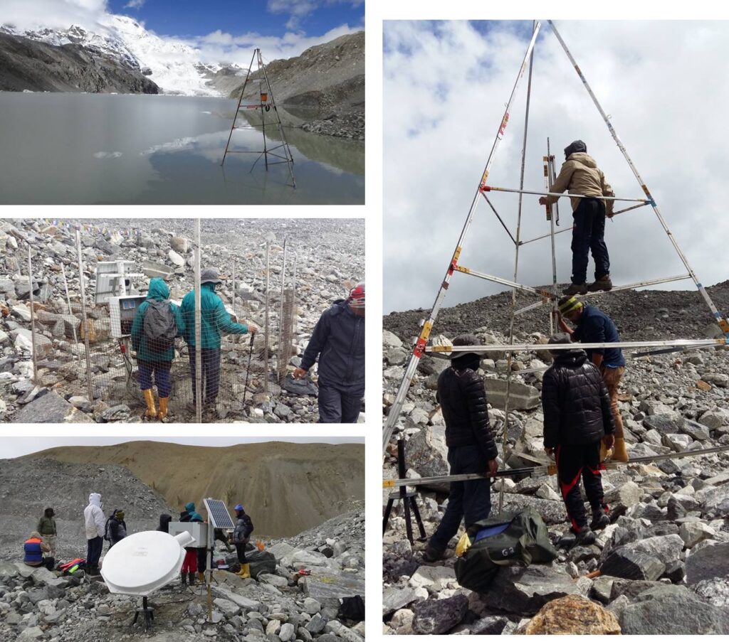 Meanwhile along with the Siphon system our team was to install DST’s (Department of Science & Technology’s) lake level sensor cum early warning system. This is a remote sensing device that will give real time data of the lake level and ice thickness every half an hour to computing centres in Pune, Thiruvananthapuram and Gangtok. Thus we will know as the lake level goes down with siphoning, as also in the eventuality of a breach in the lake as an early warning system.  As pipes took time we worked more on installing this sensor and exploring the various facets of the lake.